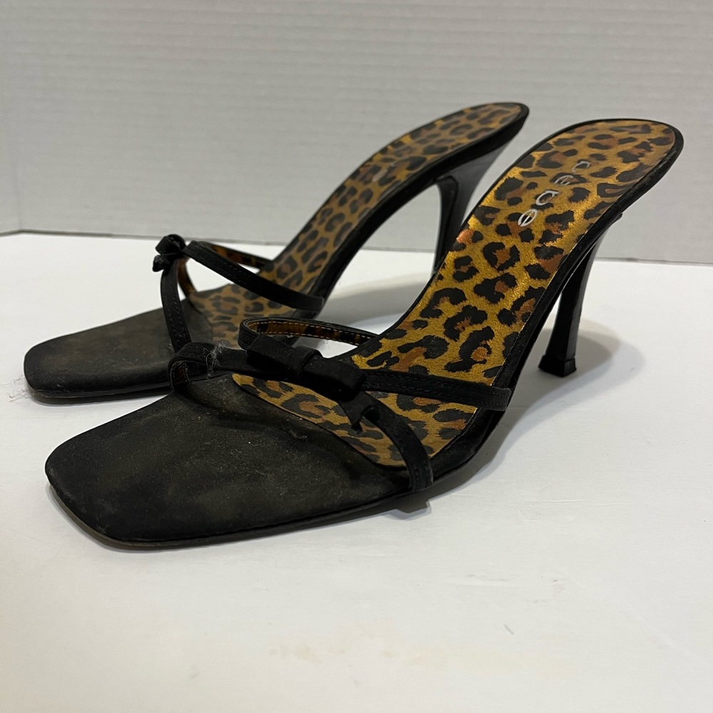 Bebe Heels Black Leopard Size 8 Stiletto Slides Holiday Sexy Shoes Animal Print